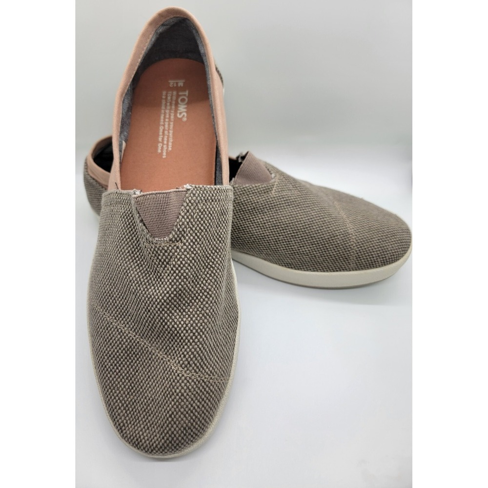 Casual Comfy Toms Men 12 Canvas Loafers Tan Olive Bubble Stitch Great Condition - Picture 13 of 15